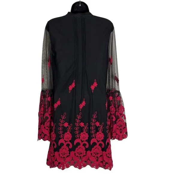 Black & Red Embroidered Long Sleeve Tunic Dress By Niza Size 38 Sheer Sleeve - Picture 4 of 12